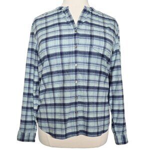 L.L. Bean 100% Cotton Flannel Blue Plaid Split Neck Button-Up Shirt Cabincore